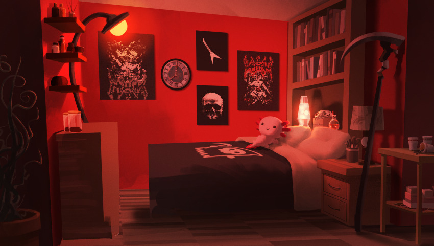 a_date_with_death absurdres analog_clock animal_skull axolotl bedroom blanket book bookshelf clock cup_ramen desk_lamp drop_shadow ghost_print highres indoors jar lamp lava_lamp nightstand no_humans non-web_source official_art plant poster_(object) potted_plant scenery scythe shelf stuffed_animal stuffed_toy table variant_set weapon_against_wall wooden_floor