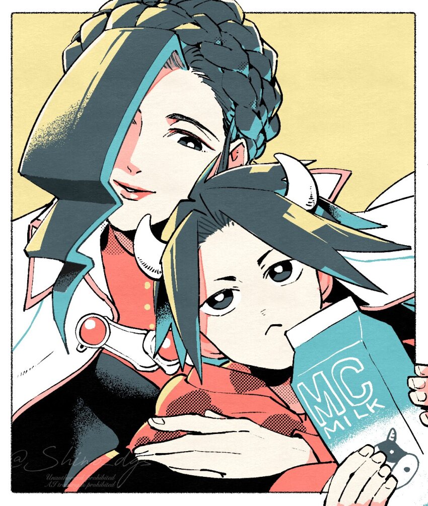 1boy 1girl :&lt; ace_attorney ace_attorney_investigations ace_attorney_investigations_2:_prosecutor&#039;s_gambit aizawa_shimon border braid bright_pupils capelet commentary_request grey_eyes grey_hair hair_over_one_eye highres holding holding_milk_carton horns long_sleeves looking_at_another mikagami_hakari milk_carton outside_border pink_lips shino_(shino_dgs) short_hair smile twitter_username white_border white_capelet white_pupils