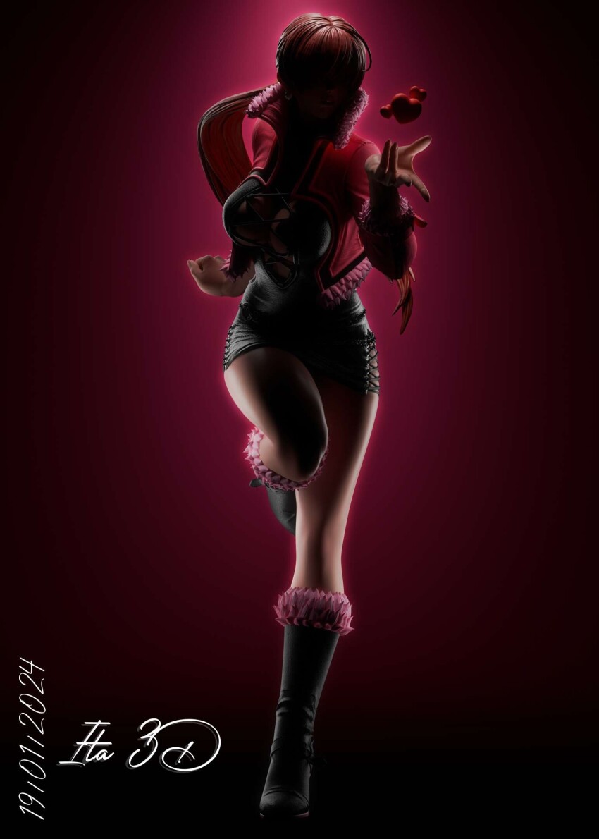 1girl boots breasts cleavage dress female_focus heart highres ita_3d jacket large_breasts leather leg_up long_hair ponytail red_hair shermie_(kof) skirt standing standing_on_one_leg the_king_of_fighters thighs