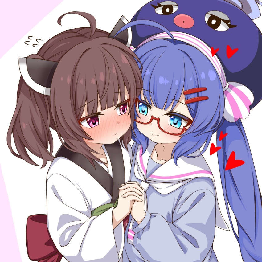 2girls ahoge back_bow beret blue_eyes blue_hair blue_hat blush bow brown_hair cardigan closed_mouth commentary_request eye_contact flying_sweatdrops furrowed_brow glasses grey_cardigan hair_ornament hairclip hat hat_ribbon headgear highres holding_hands japanese_clothes kimono large_hat long_hair long_sleeves looking_at_another mac_4229 medium_hair multiple_girls neckerchief obi otomachi_una pink_eyes pink_ribbon red-framed_eyewear red_bow ribbon sailor_collar sash semi-rimless_eyewear smile striped_ribbon touhoku_kiritan twintails two-tone_ribbon under-rim_eyewear upper_body very_long_hair voiceroid white_kimono white_neckerchief white_ribbon white_sailor_collar wide_sleeves yuri