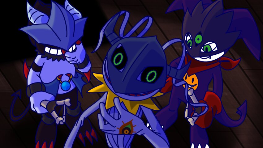 beelzebumon claws diablomon digimon digimon_(creature) dracumon gloves granddracumon highres impmon keramon mask scarf tail teeth tentacles