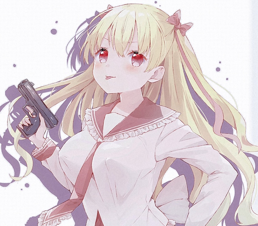 1girl ascot blush breasts collar covered_erect_nipples frilled_ascot frilled_collar frills gun hair_ribbon handgun hidan_no_aria highres holding holding_weapon large_breasts long_hair looking_at_viewer manatsuki_manata mine_riko red_eyes ribbon sailor_collar school_uniform shirt simple_background tongue tongue_out twintails weapon white_background white_shirt