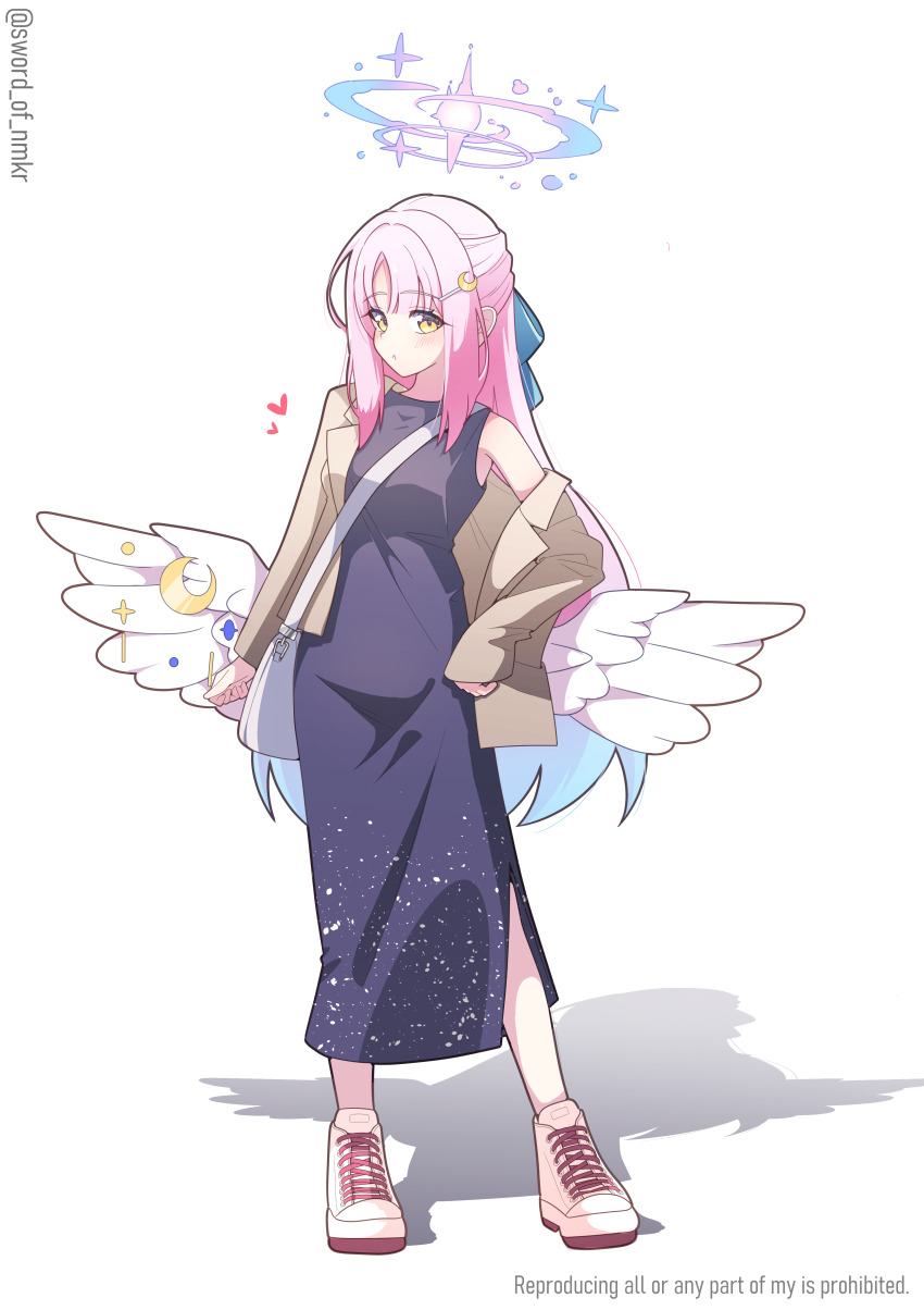 1girl absurdres alternate_costume bag black_dress blazer blue_archive blue_hair blush brown_jacket closed_mouth commentary_request dress feathered_wings full_body halo heart highres jacket lapels long_hair low_wings mika_(blue_archive) multicolored_hair murasame_(sword_of_nmkr) notched_lapels pink_hair pink_halo shadow shoes shoulder_bag simple_background single_bare_shoulder single_off_shoulder sleeveless sleeveless_dress solo standing twitter_username very_long_hair white_background white_bag white_shoes white_wings wings yellow_eyes