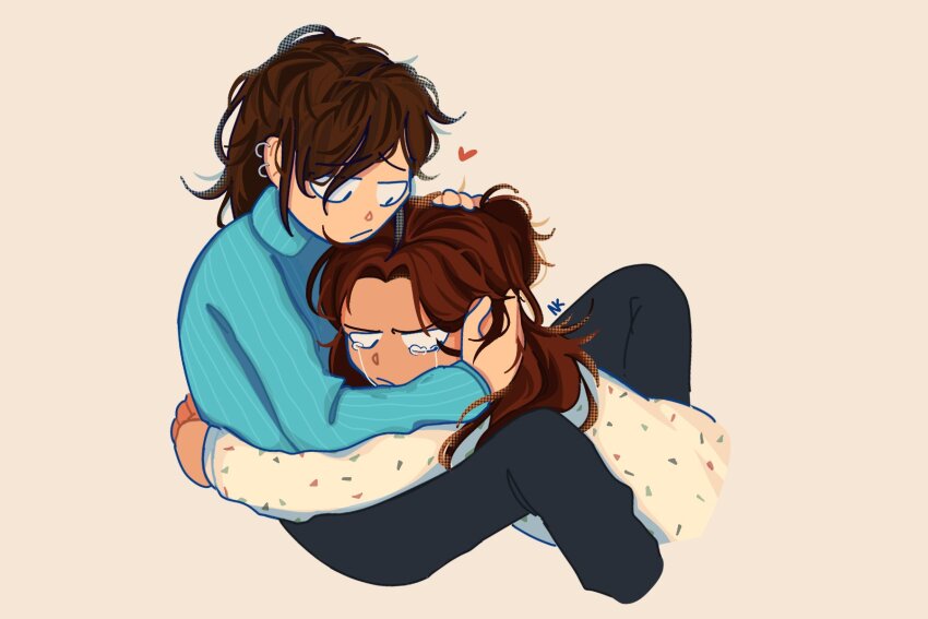 arm_around_back blue_sweater brown_hair commissioner_insert confetti_print constricted_pupils crying crying_with_eyes_open earrings frown full_body hand_on_another&#039;s_head headpat heart highres holding hoop_earrings jewelry looking_at_another nobi33ka on_ground our_life our_life:_now_and_forever sidelocks sitting sweater tears white_sweater