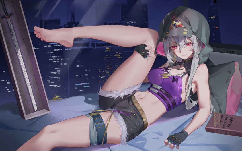 1girl absurdres barefoot comet-c feet fingerless_gloves gloves grey_hair highres hood light_smile long_hair looking_at_viewer original red_eyes short_shorts shorts soles sword toes weapon