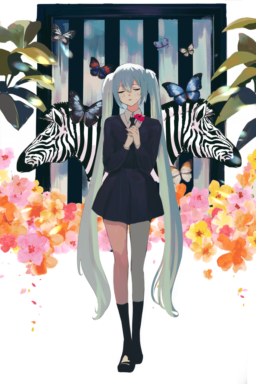 1girl absurdres aqua_hair black_footwear black_jacket black_necktie black_skirt black_socks blue_hair blush bug butterfly closed_eyes collared_shirt crying flower formal_clothes full_body hair_between_eyes hatsune_miku hatsune_miku_(saihate) highres holding holding_flower insect jacket long_hair necktie open_mouth red_flower saihate_(vocaloid) sak_orz shirt skirt socks solo twintails very_long_hair vocaloid zebra