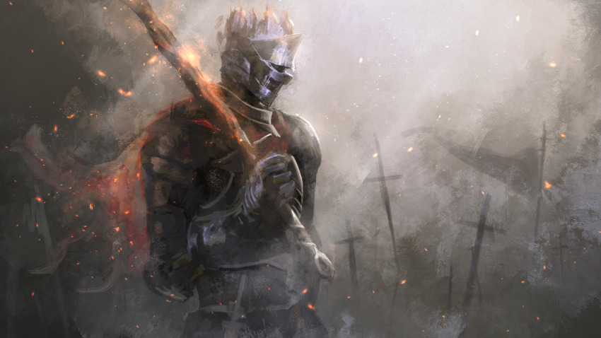 1boy absurdres armor asaki_(asaki_vision) coiled_sword commentary_request dark_souls_(series) dark_souls_iii embers flaming_sword flaming_weapon full_armor helm helmet highres holding holding_sword holding_weapon male_focus outdoors planted planted_sword planted_weapon solo soul_of_cinder standing sword weapon