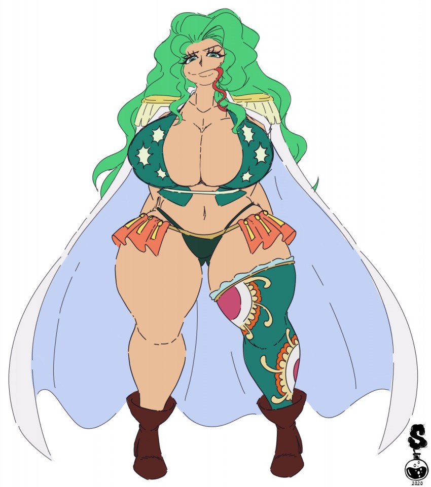 1girl boa_sandersonia breasts green_eyes green_hair highres huge_breasts looking_at_viewer one_piece simple_background snake_tongue superix tagme thick_thighs thighs wide_hips