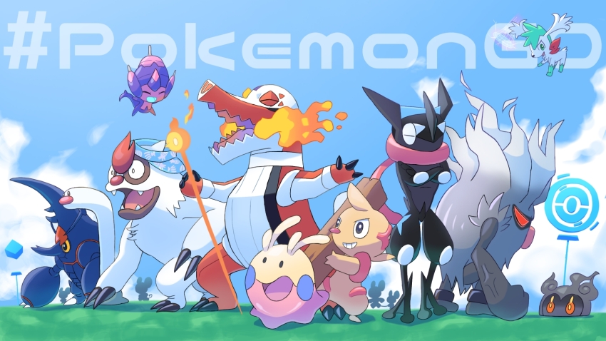 annihilape breath_weapon breathing_fire claws fire forte_(pixiv26247143) gen_2_pokemon gen_3_pokemon gen_4_pokemon gen_5_pokemon gen_6_pokemon gen_7_pokemon goomy greninja grin heracross highres holding legendary_pokemon marshadow maushold maushold_(family_of_four) mega_heracross mega_pokemon mythical_pokemon nintendo no_humans open_mouth outdoors plank poipole pokemon pokemon_(creature) pokemon_go pokestop shaymin shaymin_(sky) skeledirge smile timburr ultra_beast vigoroth visor_cap wiglett