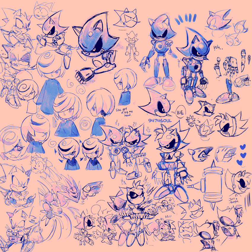 2girls 3boys 9474s0ul alternate_universe amy_rose chopsticks classic_amy_rose closed_mouth commentary dr._eggman eating english_commentary english_text frown hair_over_one_eye highres looking_at_another metal_amy metal_overlord metal_sonic monochrome multiple_boys multiple_girls open_mouth toy_hammer pink_background robot sage_(sonic) short_hair simple_background sketch skirt smile sonic_(series) sonic_the_hedgehog_(classic) speech_bubble standing