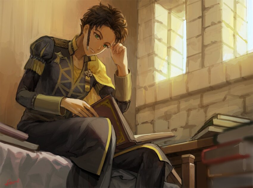 1boy black_pants book book_stack braid brown_hair claude_von_riegan closed_mouth fire_emblem fire_emblem:_three_houses fon-due_(fonfon) garreg_mach_monastery_uniform green_eyes long_sleeves looking_down male_focus nintendo on_bed open_book pants reading short_hair sitting solo stone_wall wall window