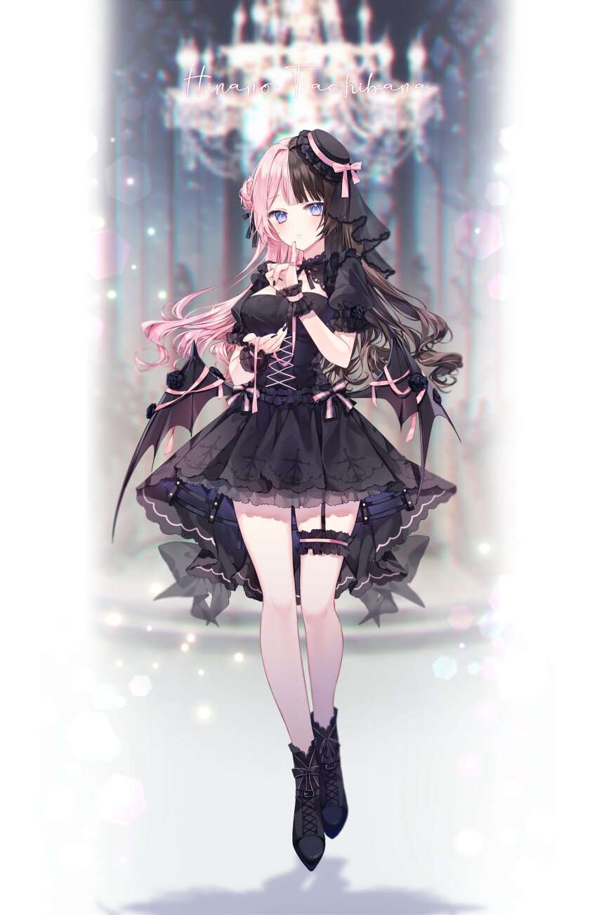 1girl absurdres black_boots black_dress black_hair black_hat black_nails black_wings blue_eyes blurry blurry_background boots border bow character_name demon_wings dress frilled_thigh_strap full_body garter_straps hat highres long_hair looking_at_viewer multicolored_hair parted_lips pink_bow pink_hair short_sleeves single_garter_strap solo standing tachibana_hinano taya_oco thigh_strap two-tone_hair virtual_youtuber vspo! white_border wings