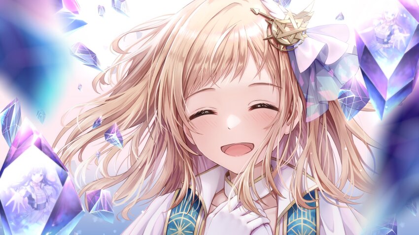 1girl absurdres blurry blurry_foreground brown_hair closed_eyes crystal floating_hair gloves hachimiya_meguru hair_ornament highres idolmaster idolmaster_shiny_colors kazano_hiori long_hair macha0331 open_mouth reflection sakuragi_mano solo swept_bangs upper_body white_gloves
