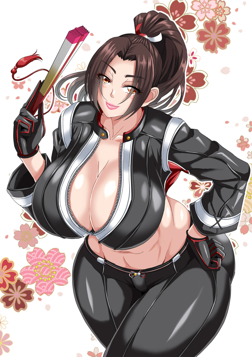 1girl breasts brown_hair fan fatal_fury fatal_fury:_city_of_the_wolves gloves highres huge_breasts lips mifune_seijirou pink_lips ponytail skin_tight snk the_king_of_fighters