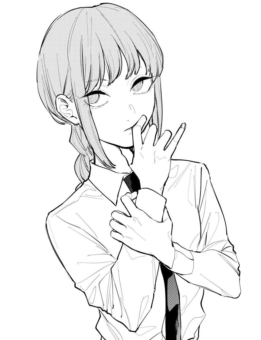 1girl 6noseenji braid chainsaw_man collared_shirt commentary_request greyscale hand_on_own_wrist hand_up highres long_sleeves looking_at_viewer makima_(chainsaw_man) monochrome necktie parted_lips shirt single_braid solo upper_body