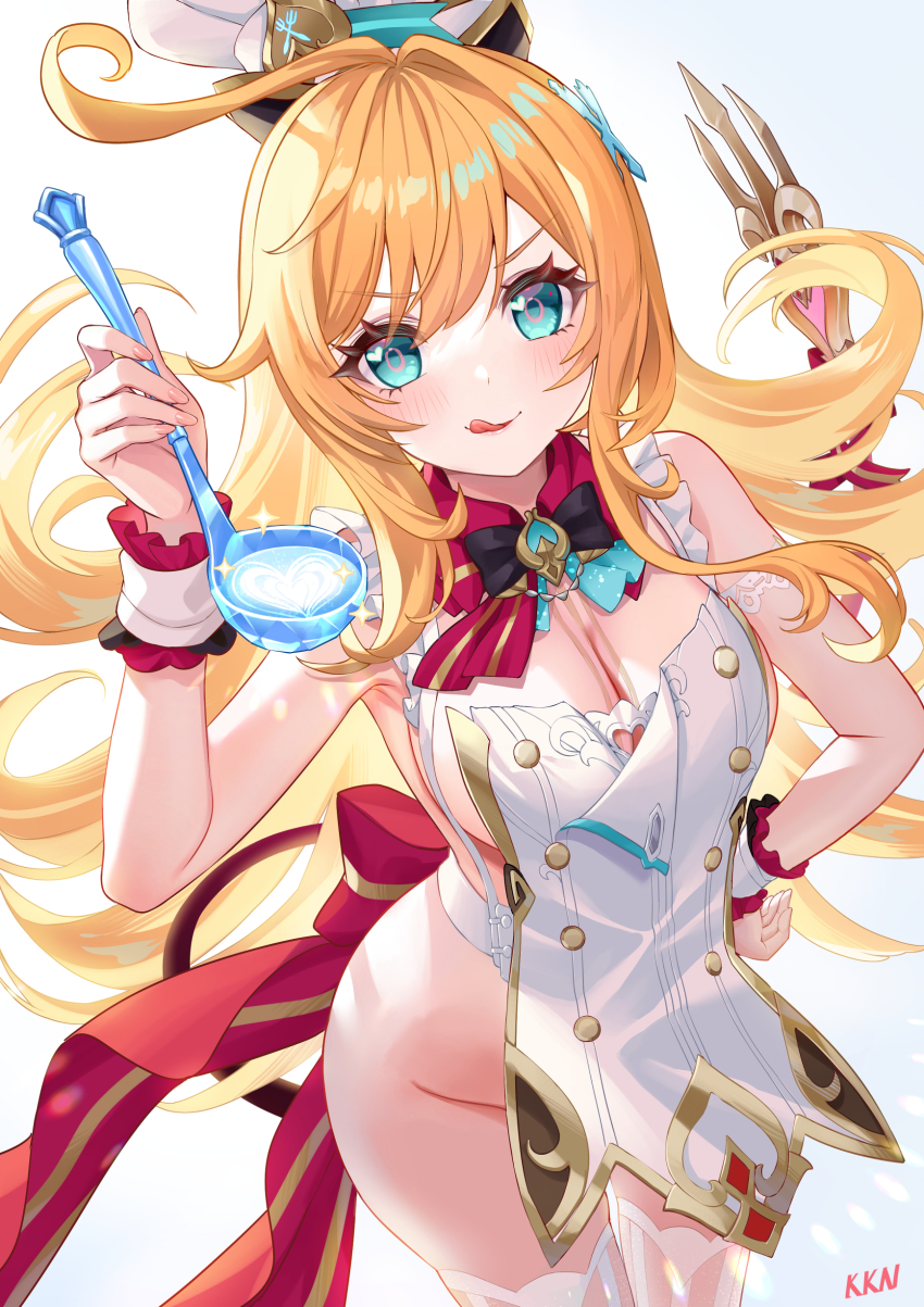 1girl :q absurdres apron aqua_eyes blonde_hair blue_eyes blush breasts chef chef_hat cleavage closed_mouth escoffier_(genshin_impact) fingernails fork_hair_ornament frilled_wrist_cuffs frills genshin_impact hair_between_eyes hand_on_own_hip hand_up hat heart heart_in_eye highres holding holding_ladle ladle lalazyt long_hair looking_at_viewer naked_apron no_panties simple_background smile solo standing symbol_in_eye tail thighhighs tongue tongue_out very_long_hair white_apron white_background white_hat white_thighhighs wrist_cuffs