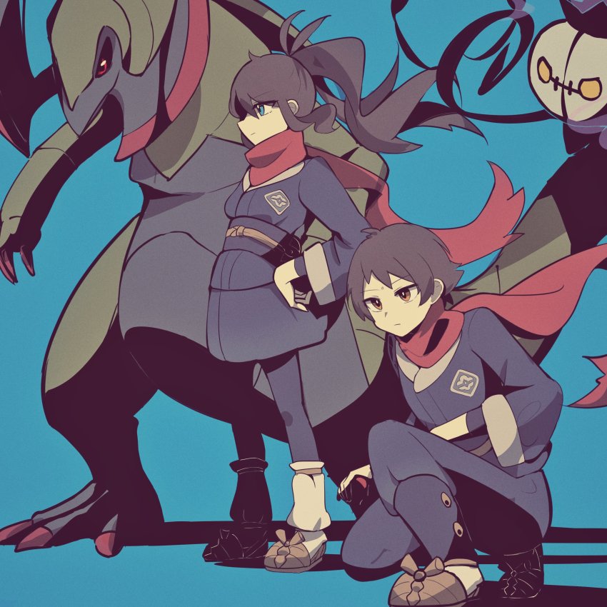 1boy 1girl absurdres akari_(pokemon) akari_(pokemon)_(cosplay) antenna_hair blue_background brown_eyes brown_footwear brown_hair chandelure closed_mouth commentary_request cosplay dorekuroa floating_scarf gen_5_pokemon grey_jacket grey_skirt haxorus highres hilbert_(pokemon) hilda_(pokemon) jacket loose_socks nintendo on_one_knee pantyhose pokemon pokemon_legends:_arceus ponytail red_scarf rei_(pokemon) rei_(pokemon)_(cosplay) sash scarf shoes sidelocks skirt socks standing
