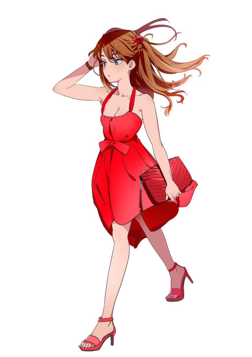 1girl alternate_costume alternate_hairstyle arms_at_sides bag bare_shoulders blue_eyes bow braid breasts brown_hair cleavage closed_mouth collarbone commentary dress feet floating_hair formal_clothes from_side frown full_body hair_ornament hairclip halterneck handbag high_heel_sandals high_heels highres holding holding_bag legs_apart long_hair long_legs looking_afar mebae nail_polish neon_genesis_evangelion parted_bangs pink_nails red_bow red_dress red_footwear sandals short_dress simple_background skinny sleeveless sleeveless_dress small_breasts solo souryuu_asuka_langley strap_gap strappy_heels toeless_footwear toenail_polish toenails walking white_background