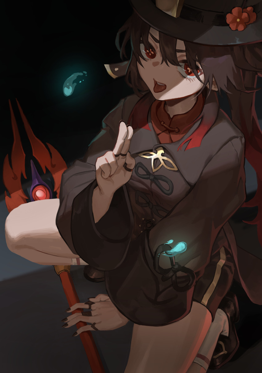 1girl absurdres black_nails black_shoes black_shorts black_socks brown_hair chinese_clothes commentary flower from_above genshin_impact hair_between_eyes hat hat_flower hat_ornament highres holding holding_polearm holding_weapon hu_tao_(genshin_impact) jewelry kneehighs kuji-in long_hair long_sleeves looking_at_viewer looking_up monky open_mouth polearm red_eyes ring shoes short_shorts shorts sidelocks simple_background socks solo spear squatting staff_of_homa_(genshin_impact) symbol-shaped_pupils tongue tongue_out twintails weapon white_socks