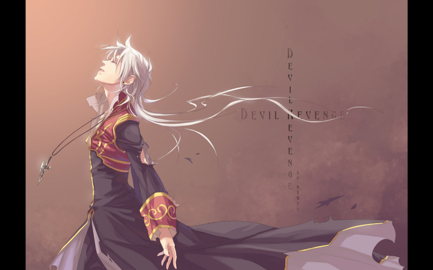 1boy black_coat brown_background closed_eyes coat cowboy_shot cross cross_necklace english_text gold_trim head_back jewelry long_hair long_sleeves male_focus multicolored_coat necklace niuya open_mouth pillarboxed priest_(ragnarok_online) ragnarok_online red_coat solo torn_clothes torn_coat two-tone_coat wind