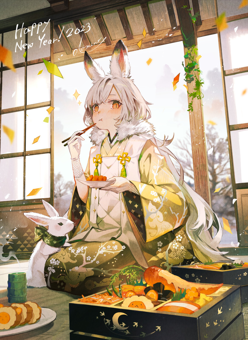 1girl 2023 :t animal_ear_fluff animal_ears bento blurry blurry_background blush carrot carrot_slice chinese_zodiac chopsticks commentary_request cup depth_of_field eating full_body fur_collar gloves hand_up happy_new_year highres holding holding_chopsticks holding_plate japanese_clothes kimono long_hair long_sleeves looking_at_viewer new_year open_door orange_eyes original ozaki_domino plate rabbit rabbit_ears rabbit_girl seiza sidelocks signature sitting sliding_doors solo tassel teacup tree very_long_hair white_gloves white_hair white_rabbit_(animal) year_of_the_rabbit yellow_kimono