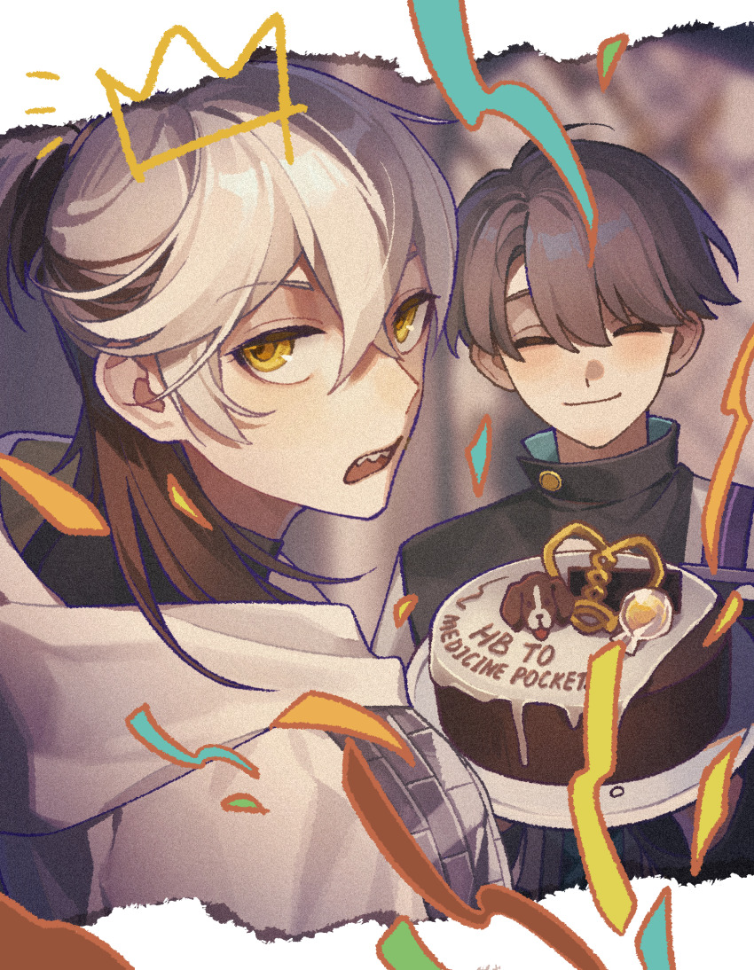 1boy 1other ^_^ birthday_cake blurry blurry_background border brown_hair cake calamine_black closed_eyes closed_mouth coat colored_tips drawn_crown facing_viewer food from_side grey_coat grey_hair highres hofmann_knot holding holding_cake holding_food hood hood_down hooded_coat looking_at_viewer medicine_pocket multicolored_hair open_mouth reverse:1999 sharp_teeth short_hair smile streamers teeth transparent_border upper_body white_coat white_hair x_(reverse:1999) yellow_eyes