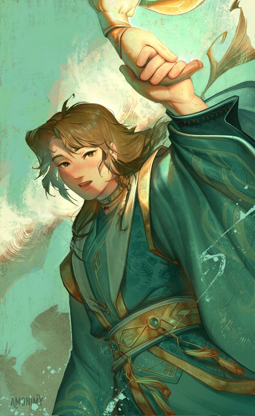 2boys amonimy artist_name belt brown_eyes brown_hair chinese_clothes cloud collar eyeliner gem gold_trim green_background green_collar green_eyeliner green_gemstone green_hanfu green_robe green_sky green_theme hanfu highres holding_hands jewelry long_hair long_sleeves looking_at_viewer makeup male_focus multiple_boys necklace open_mouth qi_rong red_gemstone robe sky standing tassel tianguan_cifu upper_body white_hanfu xie_lian xie_lian_(flower_crowned_martial_god)