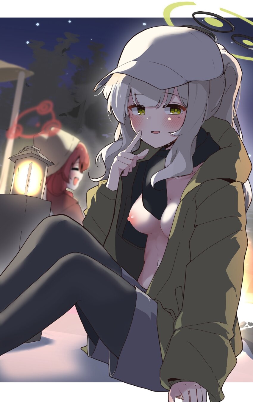 2girls :d absurdres animal_hat arm_support beanie black_pantyhose black_scarf blue_archive blush braid breasts brown_hat cat_hat closed_eyes commentary_request exhibitionism feet_out_of_frame green_eyes green_halo green_jacket grey_hair grey_shorts hair_between_eyes hair_over_one_eye halo hand_up hare_(blue_archive) hare_(camp)_(blue_archive) hat highres jacket lantern letterboxed long_sleeves looking_at_viewer low_twin_braids maki_(blue_archive) maki_(camp)_(blue_archive) medium_breasts multiple_girls mureniii navel night nipples open_clothes open_jacket open_mouth outdoors pantyhose ponytail public_indecency red_hair red_halo red_jacket scarf short_shorts shorts sidelocks sitting smile stomach twin_braids