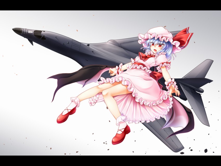 1girl aircraft airplane ascot b-1_lancer bat_wings blouse blue_hair bobby_socks bomber brooch commentary_request eyes_visible_through_hair fang female_focus fingernails flat_chest frilled_shirt frilled_skirt frills gradient_background grey_background hair_between_eyes hair_over_eyes hat hat_ribbon heavy_bomber highres jewelry knees_together_feet_apart leaning_back letterboxed looking_at_viewer marukyuu_ameya military military_vehicle mob_cap nail_polish north_american_rockwell open_mouth penetrator_(aircraft) pink_shirt pink_skirt pink_socks puffy_short_sleeves puffy_sleeves red_ascot red_eyes red_footwear red_nails remilia_scarlet ribbon rockwell_international sash sharp_fingernails shirt short_hair short_sleeves skirt socks solo strategic_bomber supersonic_aircraft touhou white_background wings wrist_cuffs