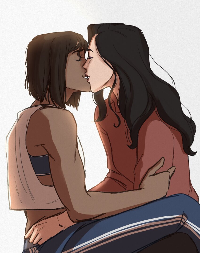 2girls asami_sato avatar_legends black_hair blue_pants brown_hair dark-skinned_female dark_skin highres kiss korra lipstick long_sleeves makeup multiple_girls pants persnickety red_lips red_shirt shirt short_hair simple_background sweatpants the_legend_of_korra vest white_background white_vest yuri
