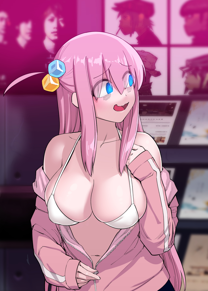1girl @_@ absurdres bags_under_eyes blue_eyes bocchi_the_rock! bra breasts collarbone covered_erect_nipples embarrassed eyebrows_hidden_by_hair female_focus gorillaz gotoh_hitori hand_on_own_chest highres indoors jacket large_breasts large_variant_set long_hair looking_afar looking_to_the_side navel nervous nervous_smile open_clothes open_jacket open_mouth orgoglioso_banane pink_hair pink_jacket sidelocks sleeves_past_wrists smile solo track_jacket underwear unzipped upper_body variant_set wavy_mouth white_bra
