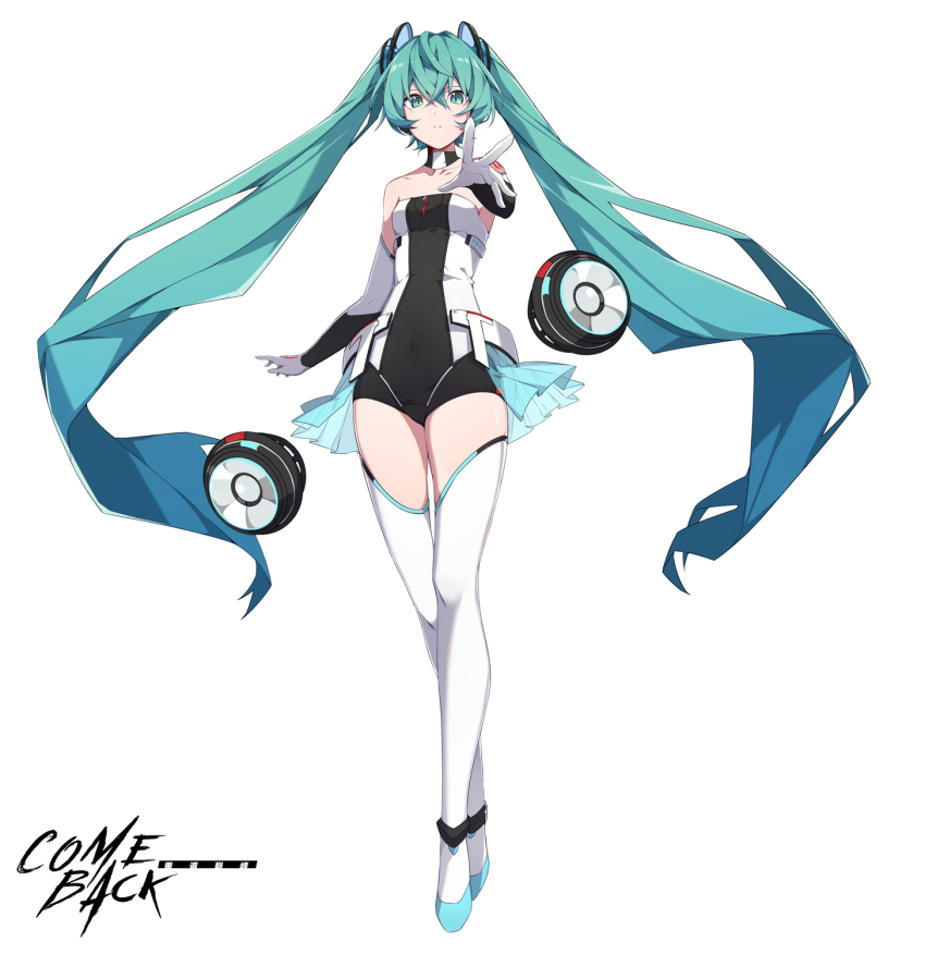 aqua_eyes aqua_hair bare_shoulders collarbone covered_navel elbow_gloves english_text floating floating_object gloves hatsune_miku hatsune_miku_(vocaloid4)_(chinese) highres long_hair oyo_hitsuji parted_lips reaching reaching_towards_viewer see-through_clothes simple_background solo thighhighs twintails very_long_hair vocaloid white_background white_gloves white_thighhighs