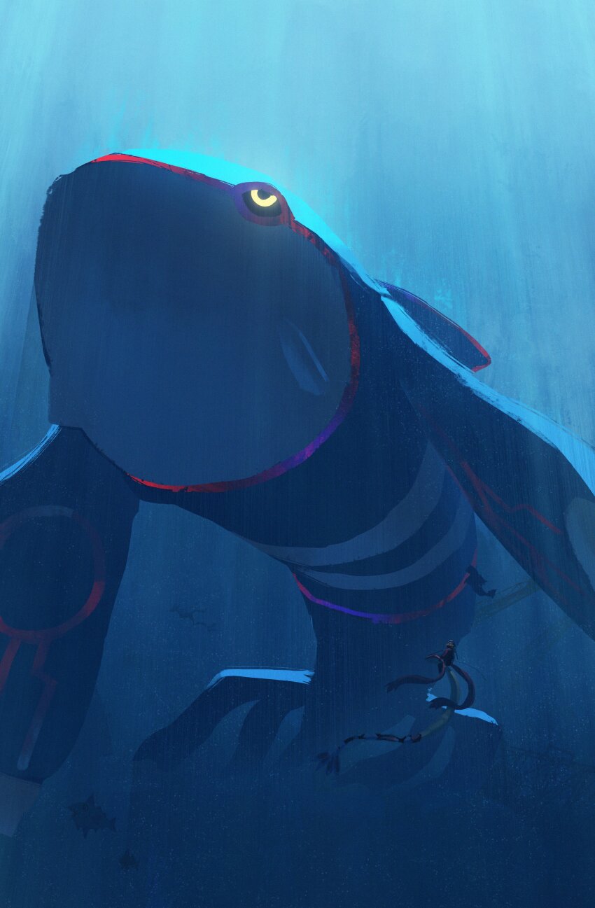 1girl absurdres asteroid_ill black_pants blue_theme diving_mask full_body gen_3_pokemon glowing glowing_eyes goggles highres jacket kyogre legendary_pokemon light_rays long_sleeves looking_up milotic nintendo orange_jacket pants pokemon pokemon_(creature) primal_kyogre shadow solo underwater veluza very_wide_shot