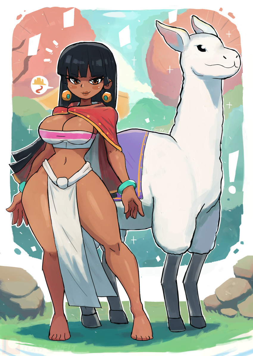! 1girl absurdres animal barefoot black_hair blush bracelet breasts brown_eyes brown_lips bush cape chel_(el_dorado) cleavage cloud dark_skin dreamworks earrings grass highres jewelry large_breasts llama loincloth long_hair midriff navel pink_shirt red_cape rock shirt sky smile sparkle speech_bubble standing strapless the_road_to_el_dorado tony_welt tree tube_top wide_hips