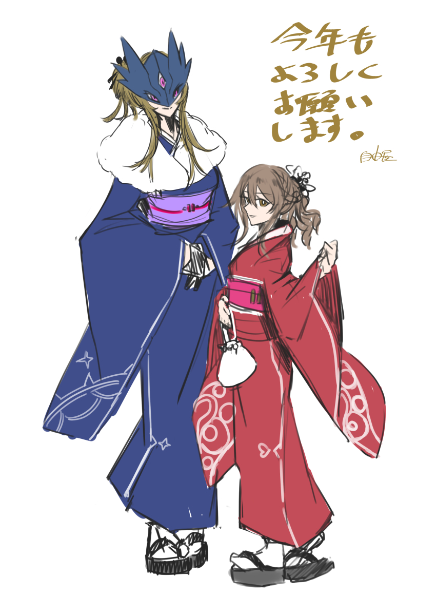 2girls absurdres aged_up ai_(digimon_tamers) beelstarmon blonde_hair blue_kimono brown_eyes brown_hair digimon digimon_tamers eye_mask full_body highres japanese_clothes jiyuuya kimono long_hair multiple_girls purple_eyes red_kimono simple_background sketch third_eye white_background