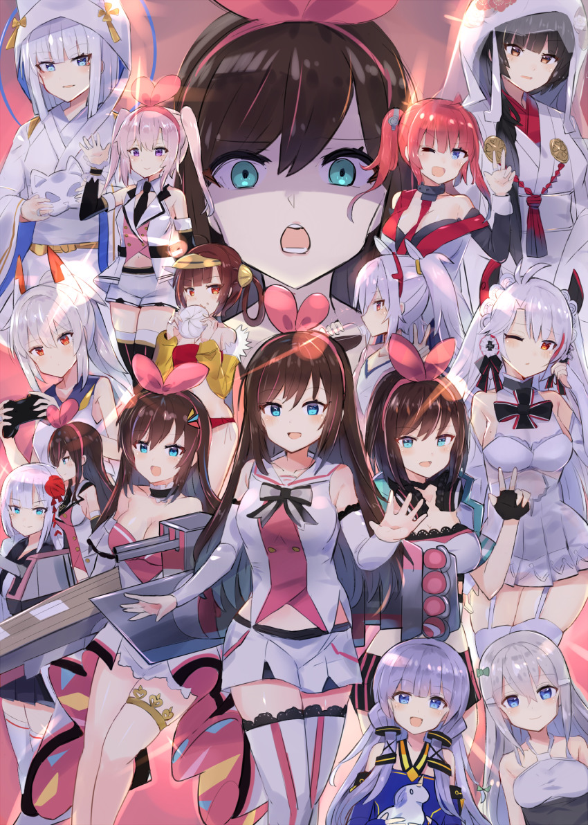 6+girls :d :o ;d absurdres alternate_costume antenna_hair aqua_eyes ayanami_(azur_lane) azur_lane bad_id bad_pixiv_id steamed_bun bare_shoulders bikini black_gloves black_hair black_legwear black_neckwear black_ribbon blue_eyes bottle breasts brown_hair choker closed_mouth collarbone commentary_request detached_sleeves dress drinking eating fingerless_gloves food fortune_(azur_lane) garter_straps gloves hair_between_eyes hair_ornament hair_over_shoulder hair_rings hairband hand_up headphones headphones_around_neck highres holding holding_bottle holding_food holding_mask hood japanese_clothes jewelry kaga_(azur_lane) kaga_(sacred_blue_lily)_(azur_lane) kanzashi kimono kizuna_ai kizuna_ai_(a.i._games) kizuna_ai_(anniversary) kizuna_ai_(anniversary)_(azur_lane) kizuna_ai_(elegant) kizuna_ai_(elegant)_(azur_lane) kizuna_ai_(supergamer)_(azur_lane) kizuna_ai_inc. lace lace-trimmed_legwear lace_trim laffey_(azur_lane) large_breasts long_hair long_sleeves looking_at_viewer machinery mask medium_breasts midriff_peek mole mole_on_breast multicolored_hair multiple_girls navel necktie nonon_(xenonbot) off_shoulder one_eye_closed open_mouth parted_lips ping_hai_(azur_lane) ping_hai_(summer_vacation)_(azur_lane) pink_hair pleated_dress prinz_eugen_(azur_lane) prinz_eugen_(symphonic_fate)_(azur_lane) profile purple_eyes purple_hair red_bikini red_eyes red_hair ribbon ring san_diego_(azur_lane) saratoga_(azur_lane) saratoga_(virtual_idol)_(azur_lane) shaded_face ship_turret shirt short_shorts shorts shoukaku_(azur_lane) sidelocks smile stomach streaked_hair swimsuit takao_(azur_lane) takao_(sakura_hanami)_(azur_lane) thigh_strap thighhighs torpedo_launcher twintails two_side_up unicorn_(azur_lane) unworn_mask v-shaped_eyebrows virtual_youtuber visor_cap wedding_dress white_dress white_hair white_kimono white_legwear white_shirt white_shorts wing_collar zettai_ryouiki