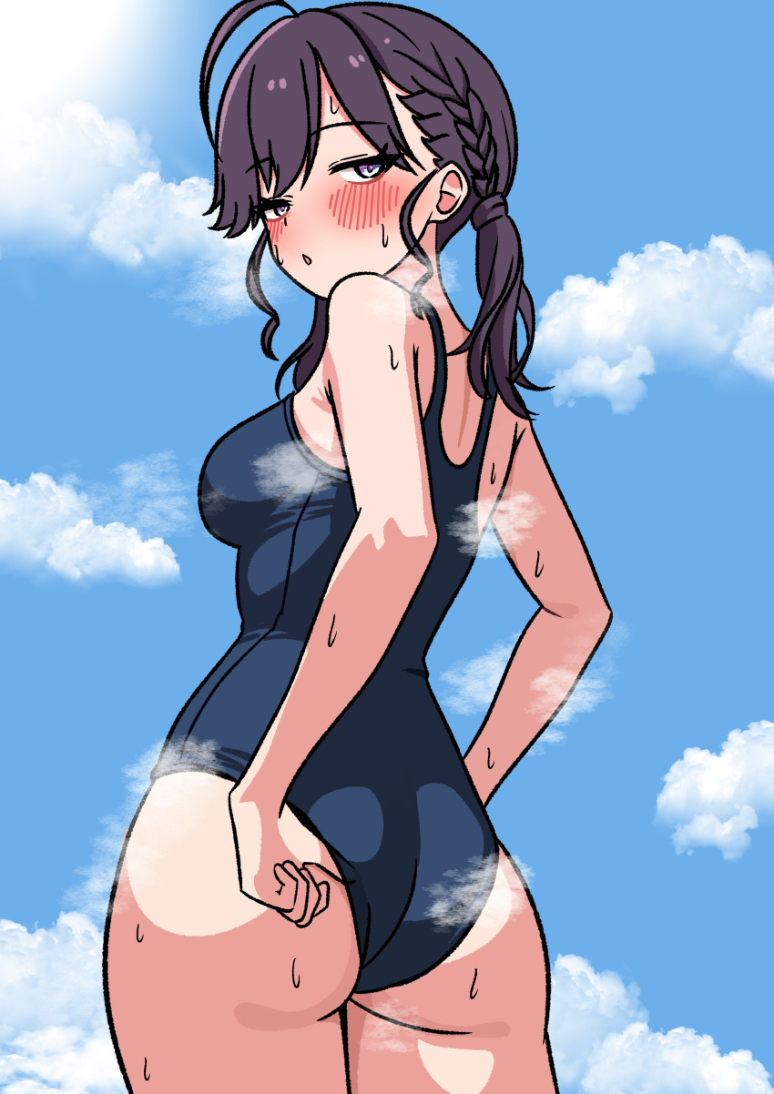 1girl :o absurdres adjusting_clothes adjusting_swimsuit ahoge alternate_costume ass blue_one-piece_swimsuit blue_sky blush braid breasts cloud commentary_request gakuen_idolmaster half-closed_eyes highres idolmaster kaya_rinha kuronekozaka medium_breasts old_school_swimsuit one-piece_swimsuit outdoors purple_hair school_swimsuit sky solo steaming_body sweat swimsuit twintails