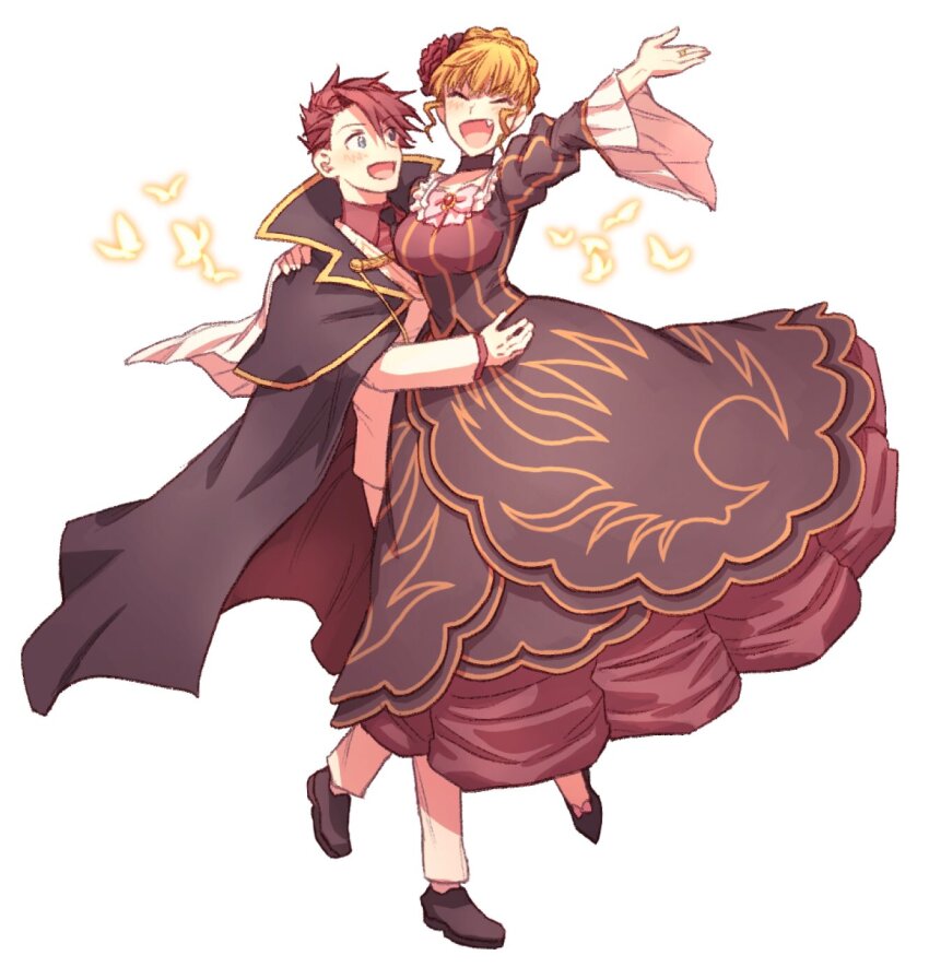 1boy 1girl :d arm_around_shoulder arm_up beatrice_(umineko) black_cape black_dress black_necktie blonde_hair breasts bug butterfly cape closed_eyes collared_shirt dress fang flower hair_flower hair_ornament highres hswoimuxk0pwr0h_(bbdan) insect large_breasts layered_dress long_dress necktie open_mouth red_flower red_hair red_rose red_shirt rose shirt smile umineko_no_naku_koro_ni ushiromiya_battler yellow_butterfly