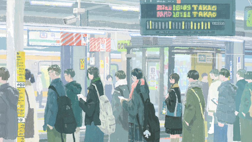 1girl backpack bag black_hair black_skirt brown_hair charm_(object) commentary_request crowd faceless hayashi_naoyuki highres holding holding_phone jacket medium_hair original phone scarf security_camera short_hair shoulder_bag sign skirt standing timetable train train_station