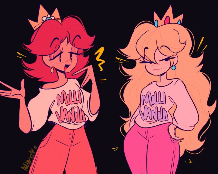 2girls alternate_costume blonde_hair blue_eyes breasts brown_hair casual crown earrings flipped_hair gloves highres jewelry long_hair looking_at_viewer mario_(series) multiple_girls nintendo open_mouth pants princess_daisy princess_peach revauri shirt short_sleeves simple_background smile the_adventures_of_super_mario_bros._3 white_gloves