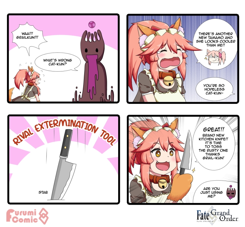 1girl 4koma animal_ear_fluff animal_ears animal_hands apron bell blush cat_paws collar comic emphasis_lines english_text fate/grand_order fate_(series) fox_ears fox_girl fox_tail gloves grail-kun highres jingle_bell keita_naruzawa kitchen_knife koyanskaya_(fate) long_hair maid_headdress neck_bell open_mouth paw_gloves pink_hair smile tail tamamo_(fate) tamamo_cat_(fate) tamamo_cat_(second_ascension)_(fate) tears yellow_eyes