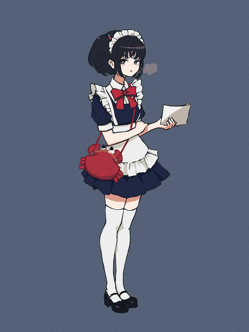 1girl amemori_sayo animal_bag apron bag beads black_eyes black_hair black_shoes blue_dress blush bow bowtie breath collared_dress dress frilled_apron frills full_body hair_beads hair_ornament handbag highres holding holding_paper legs_together long_bangs looking_at_viewer maid maid_headdress nijisanji nkymyura one_side_up open_mouth paper pleated_dress red_bow shoes short_dress short_hair solo thighhighs virtual_youtuber white_apron white_thighhighs wispy_bangs zettai_ryouiki