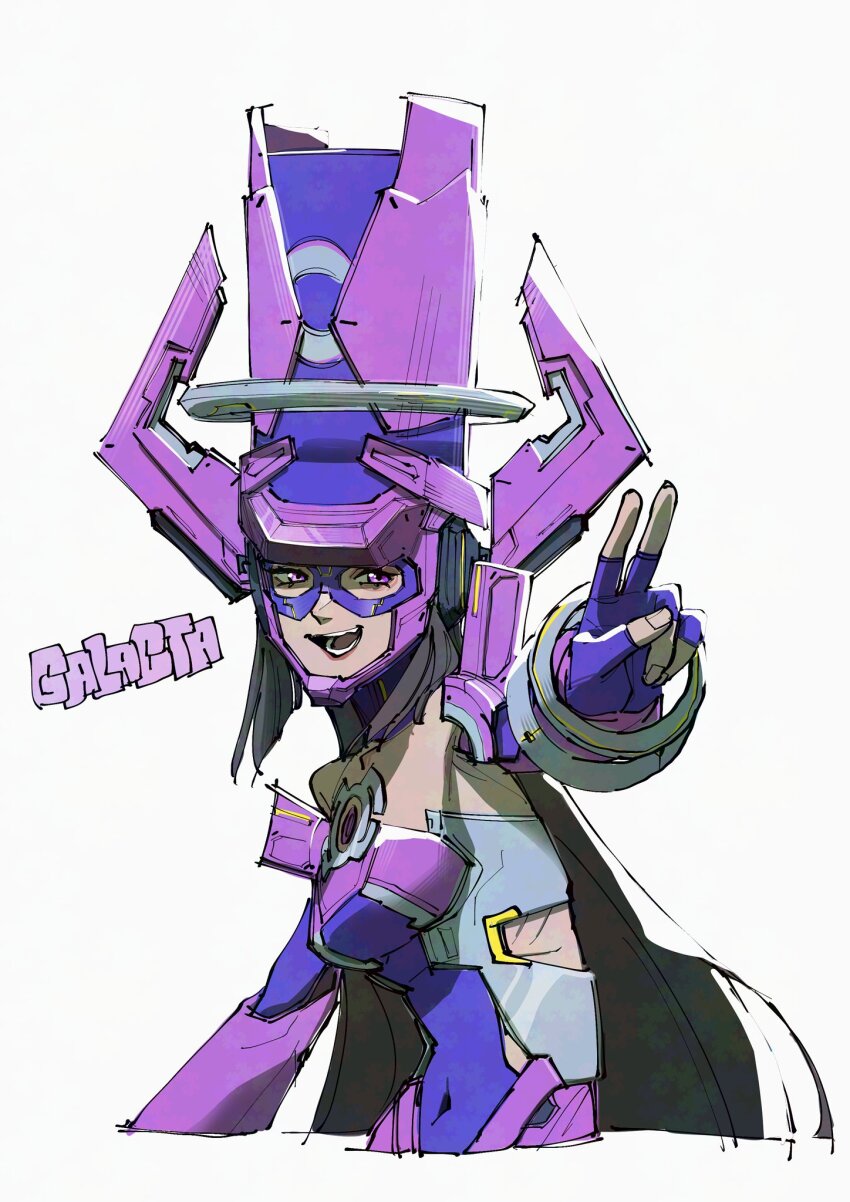 1girl :d bare_shoulders breasts character_name commentary detached_sleeves english_commentary fingerless_gloves galacta gloves helmet highres leotard long_hair looking_at_viewer marvel marvel_rivals medium_breasts open_mouth purple_gloves purple_hair purple_leotard purple_sleeves simple_background smile solo superebiseeeen upper_body v very_long_hair white_background
