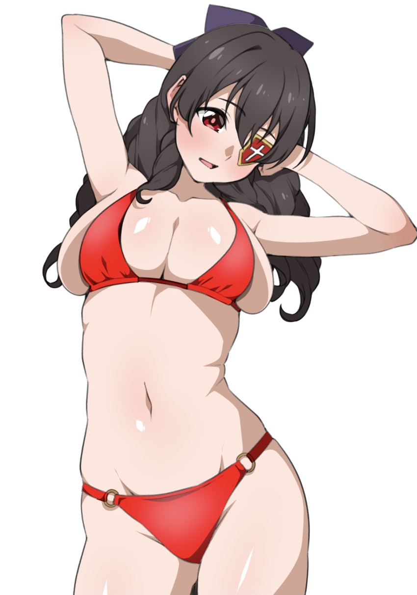 1girl arue_(konosuba) bikini black_hair bow breasts cowboy_shot drill_hair eyepatch highres kono_subarashii_sekai_ni_shukufuku_wo! large_breasts monya_monya_(tmsc7752) navel red_bikini red_eyes sideboob simple_background solo swimsuit white_background