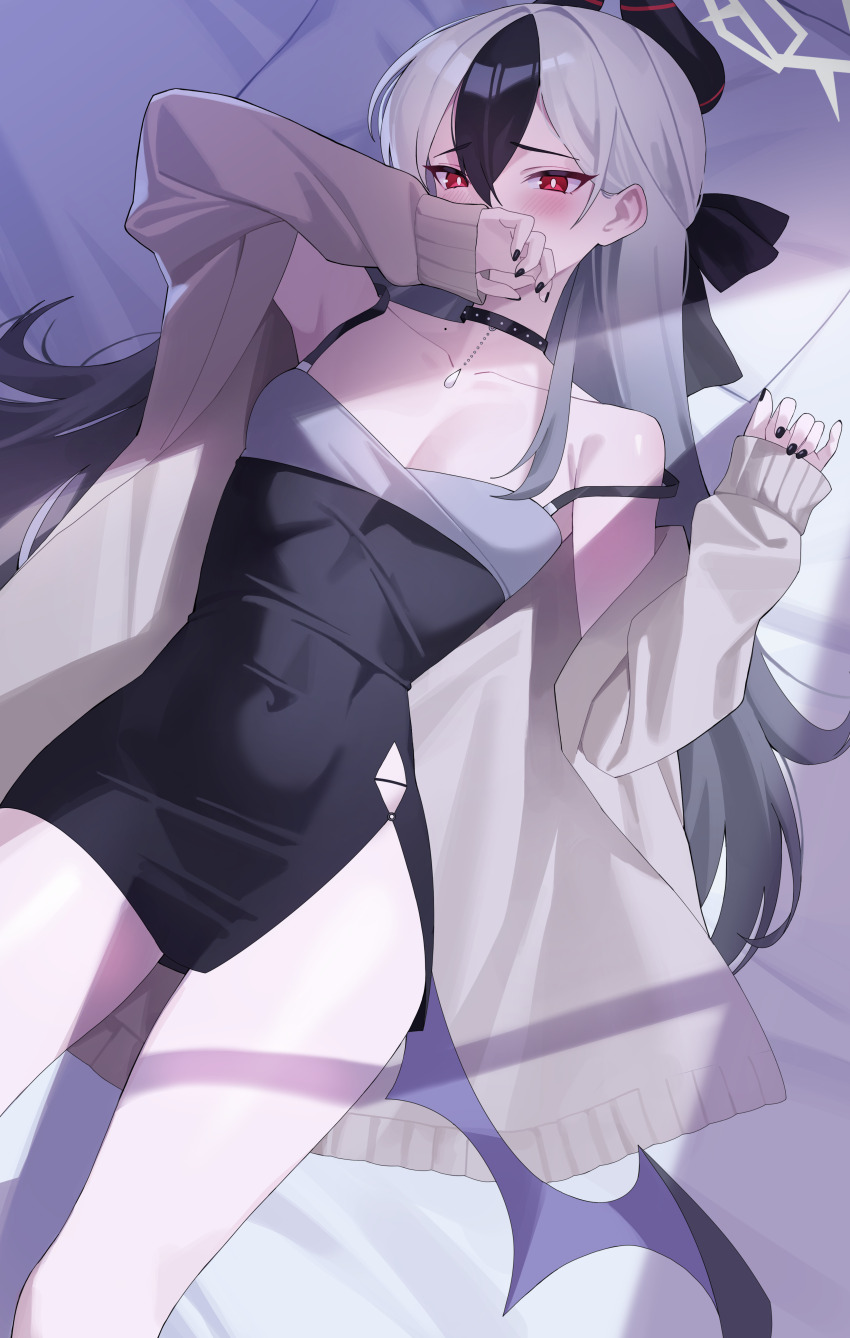 1girl absurdres black_choker black_dress black_hair black_horns blue_archive bow choker collarbone covering_own_mouth ddog demon_horns demon_wings diamond_necklace dress grey_halo grey_jacket hair_bow halo highres horns jacket kayoko_(blue_archive) kayoko_(dress)_(blue_archive) long_hair lying mole mole_on_collarbone mole_on_neck nail_polish official_alternate_costume on_back purple_wings red_eyes short_dress single_wing strap_slip studded_choker white_hair wings