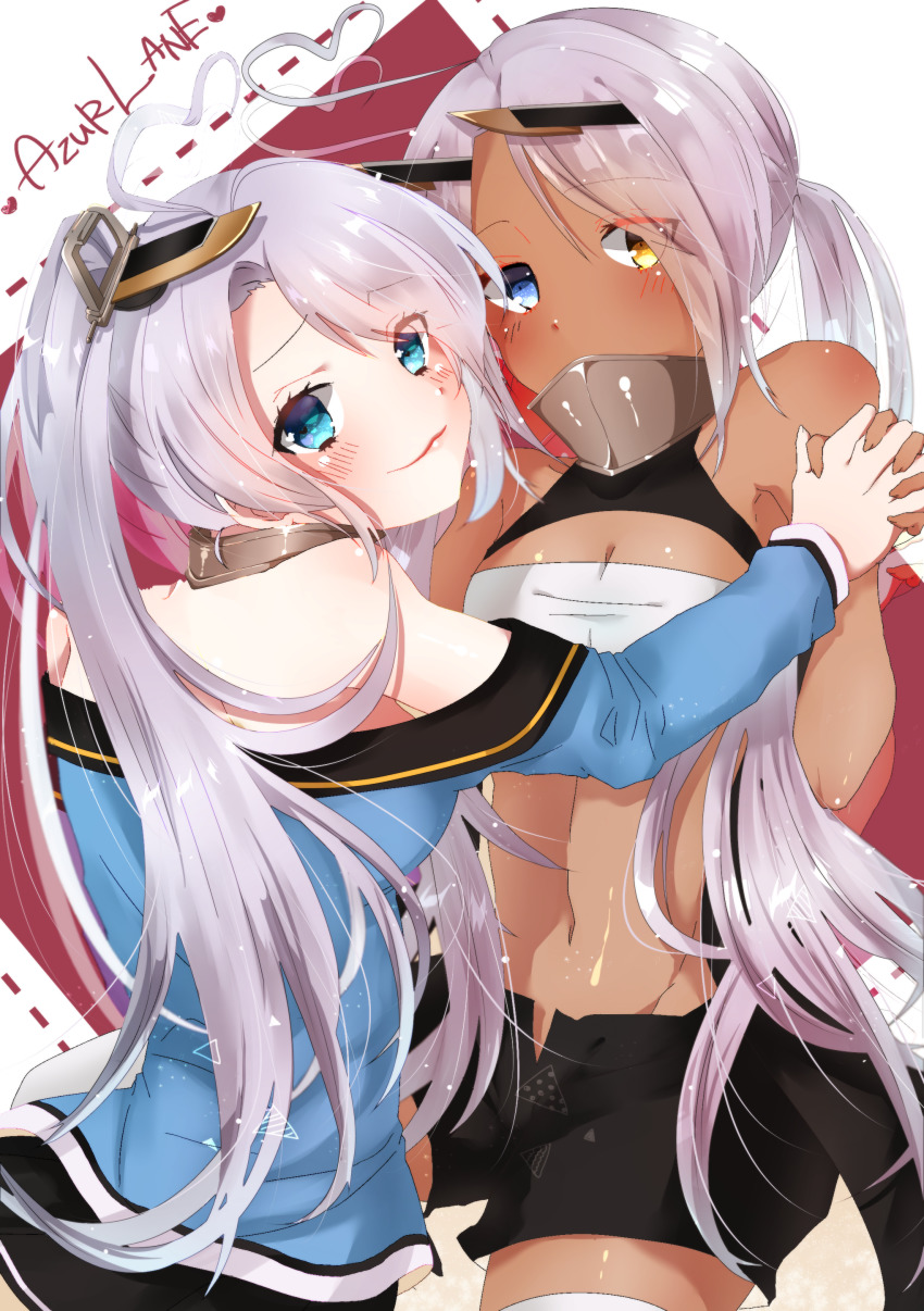 2girls absurdres ahoge azur_lane bandeau black_sailor_collar black_shorts black_skirt blue_eyes blue_shirt blush breasts cleavage closed_mouth commentary_request copyright_name covered_mouth cowboy_shot dark-skinned_female dark_skin eyes_visible_through_hair hair_between_eyes heart heart-shaped_pupils heart_ahoge heterochromia highres holding_hands horns indianapolis_(azur_lane) large_breasts long_hair looking_at_viewer mechanical_horns medium_breasts miniskirt multiple_girls navel off_shoulder open_fly pink_hair pleated_skirt portland_(azur_lane) sailor_collar shirt sho_tsubame_arumi shorts siblings side_ponytail sisters skirt smile symbol-shaped_pupils thighhighs turtleneck twintails very_long_hair white_bandeau white_thighhighs yellow_eyes