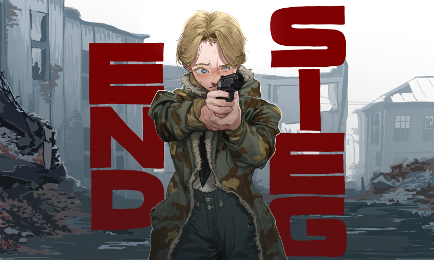 1girl aiming black_necktie blonde_hair blue_eyes blush building buttons camouflage camouflage_coat camouflage_jacket coat commentary_request crying crying_with_eyes_open debris destruction erika_(sebastian_z) finger_on_trigger fingernails fur-trimmed_coat fur_trim german_commentary german_text gun handgun highres holding holding_gun holding_weapon jacket long_hair long_sleeves military military_coat military_uniform necktie original outdoors pants pocket pzkpfwi rubble ruins shirt simple_background solo standing tears teeth translation_request upper_body walther walther_ppk weapon white_shirt window world_war_ii