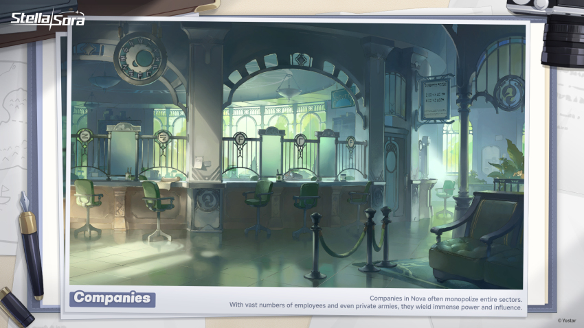analog_clock bank camera chair clock commentary copyright_name copyright_notice couch english_commentary english_text highres indoors nib_pen_(object) no_humans office_chair official_art pen scenery sign stella_sora swivel_chair