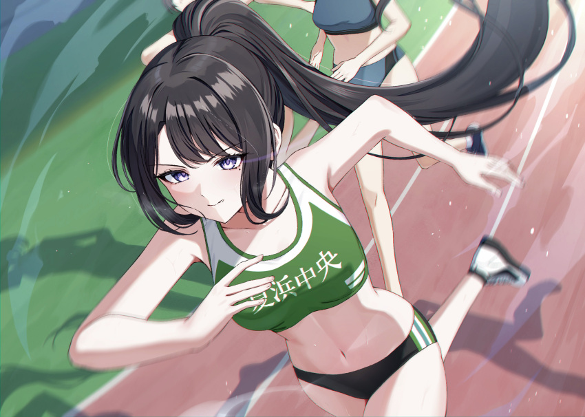 3girls bare_arms bare_shoulders black_buruma black_hair blush breasts buruma collarbone crop_top day green_sports_bra high_ponytail highres kurousagi_yuu long_hair looking_at_viewer midriff mole mole_under_eye multiple_girls navel original outdoors ponytail purple_eyes running second-party_source sidelocks sleeveless small_breasts smile solo solo_focus sports_bikini sports_bra stomach sweat thighs track_and_field very_long_hair
