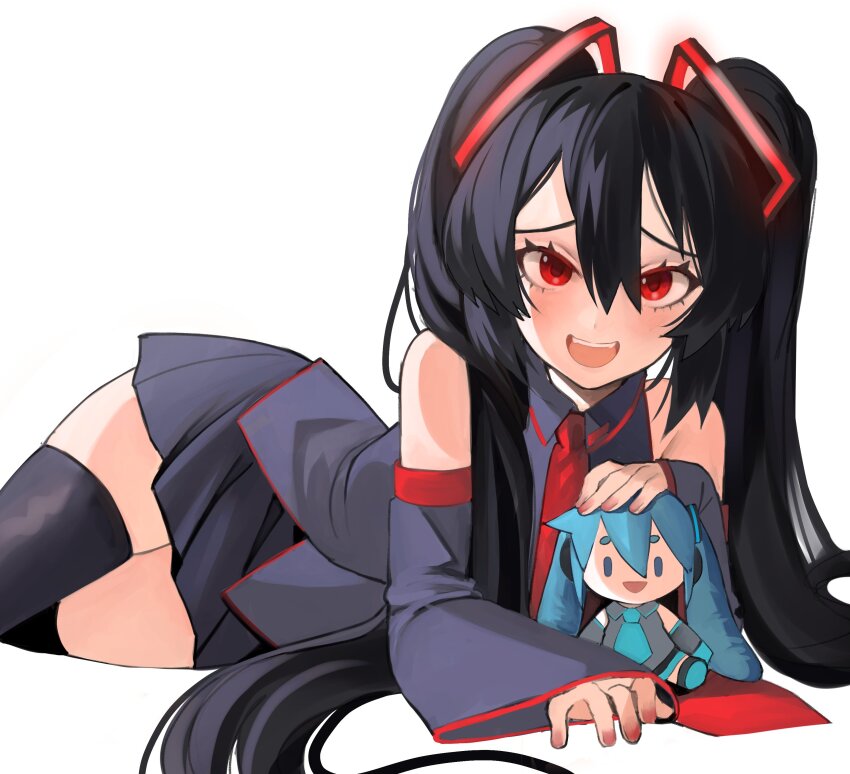 1girl :d absurdres bare_shoulders black_hair character_doll detached_sleeves hair_ornament hatsune_miku highres kumaartsu long_hair looking_at_viewer lying nervous_smile on_side open_mouth red_eyes skirt smile solo thighhighs twintails vocaloid zatsune_miku